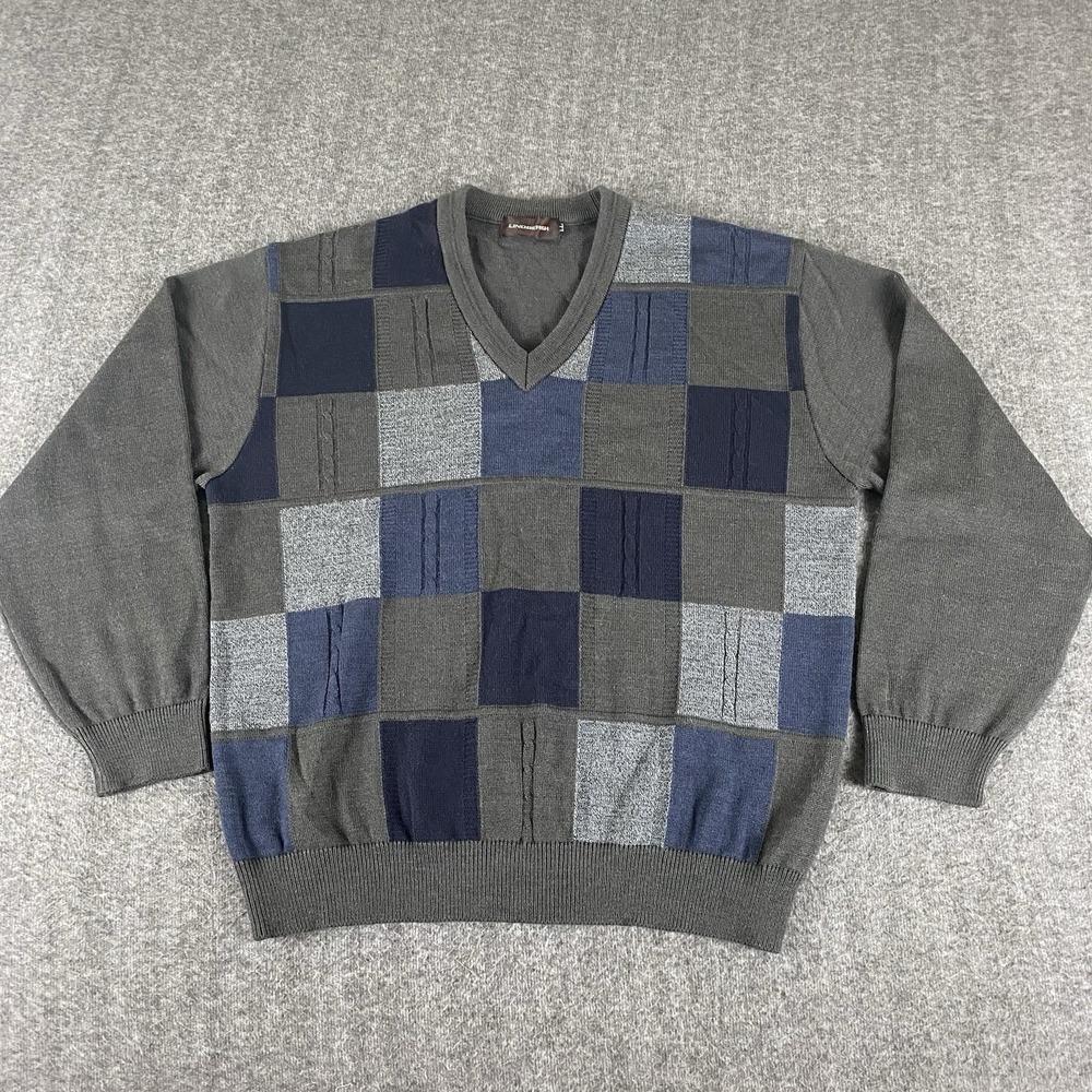 Lindbergh Men's V-Neck Sweater Gray Blue Colorblock Check Pattern Size Large